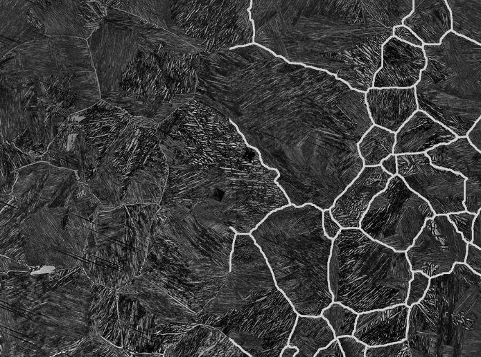 Titanium microstructure, raw image on the left and grain boundaries detected by AI on the right